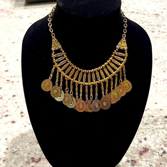 Boho Gypsy coins necklace in gold tone metal and rhine stones - Picture 2 of 11